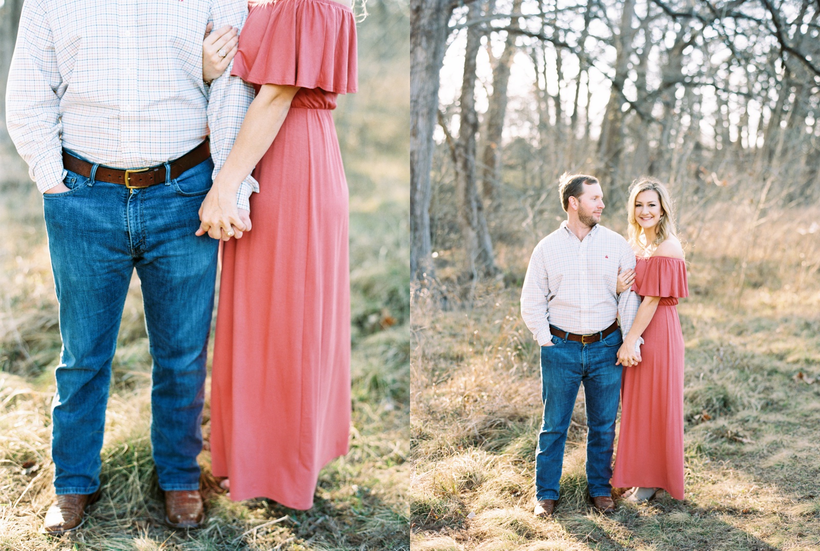 Bride wearing pink flowy dress in her film Engagement photos in Texas fields.