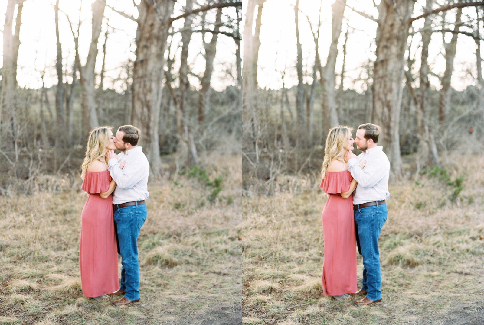 Bride wearing pink flowy dress in her film Engagement photos in Texas fields.