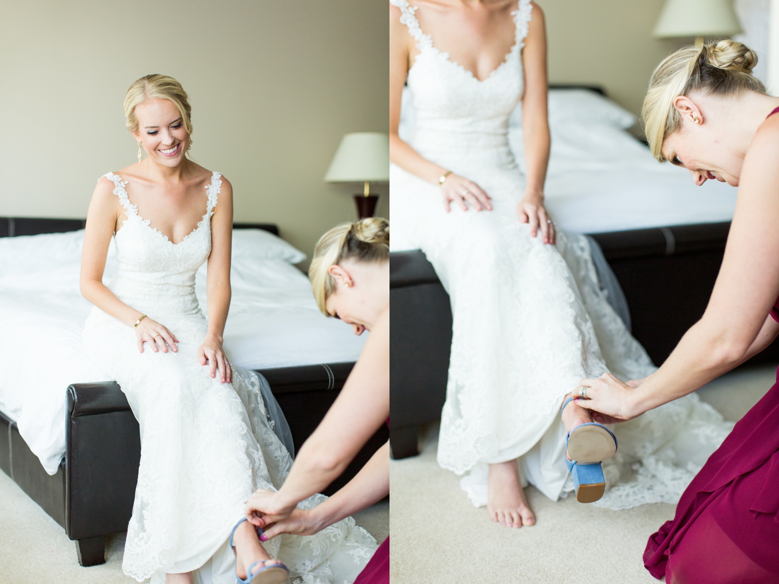 Bride getting ready with her bridesmaids. Having help putting on her shoes.