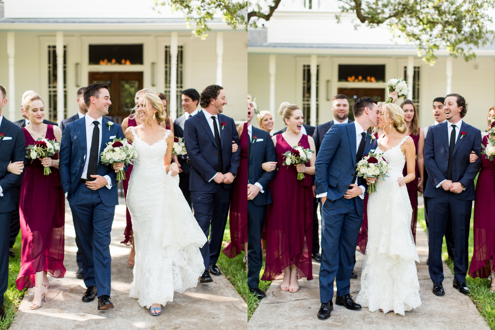 wedding party in navy and burgundy
