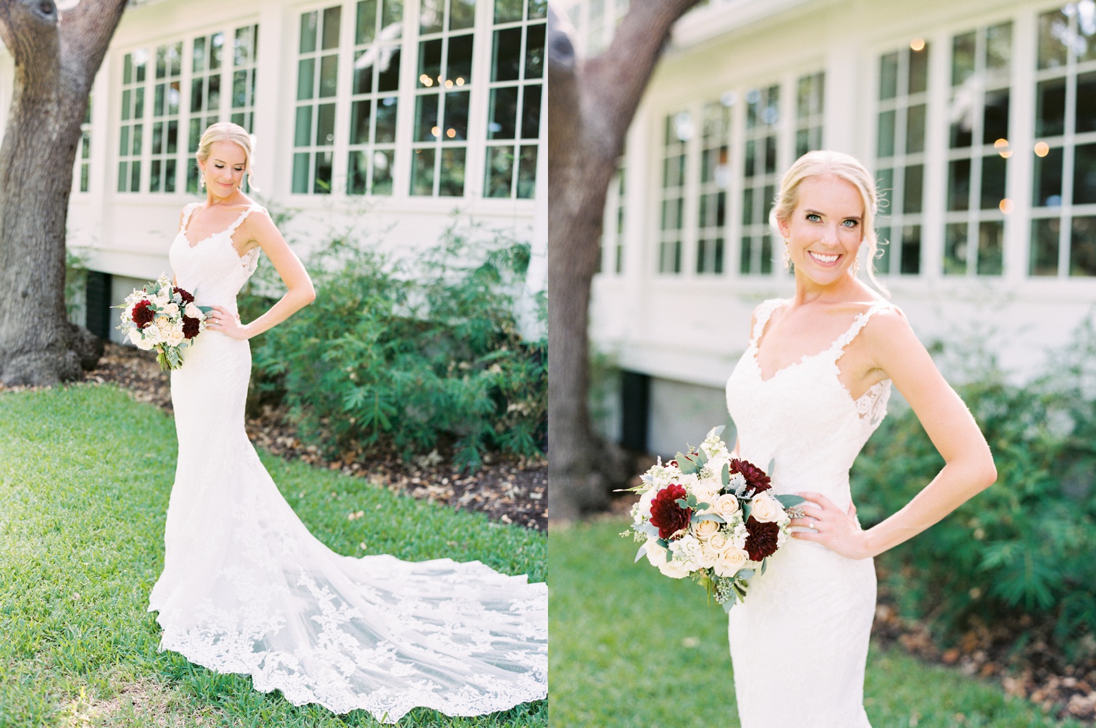 Bride in lace wedding dress with white, burgundy, and greenery bouquet