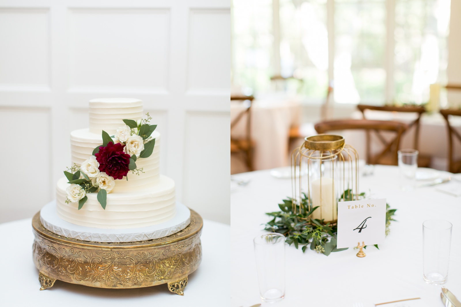 Film Reception details at an austin wedding. White, greenery, and cream wedding colors. Wedding cake with red, burgundy, and wine flowers