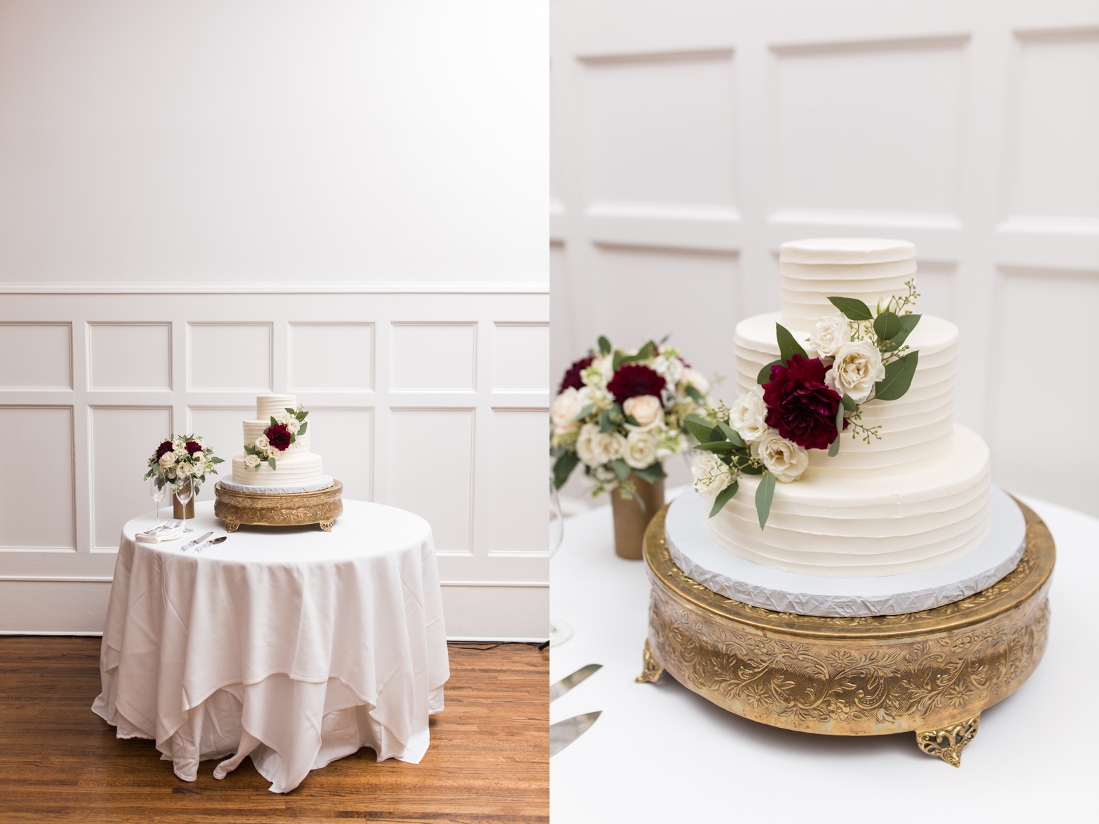 Film Reception details at an austin wedding. White, greenery, and cream wedding colors. Wedding cake with red, burgundy, and wine flowers