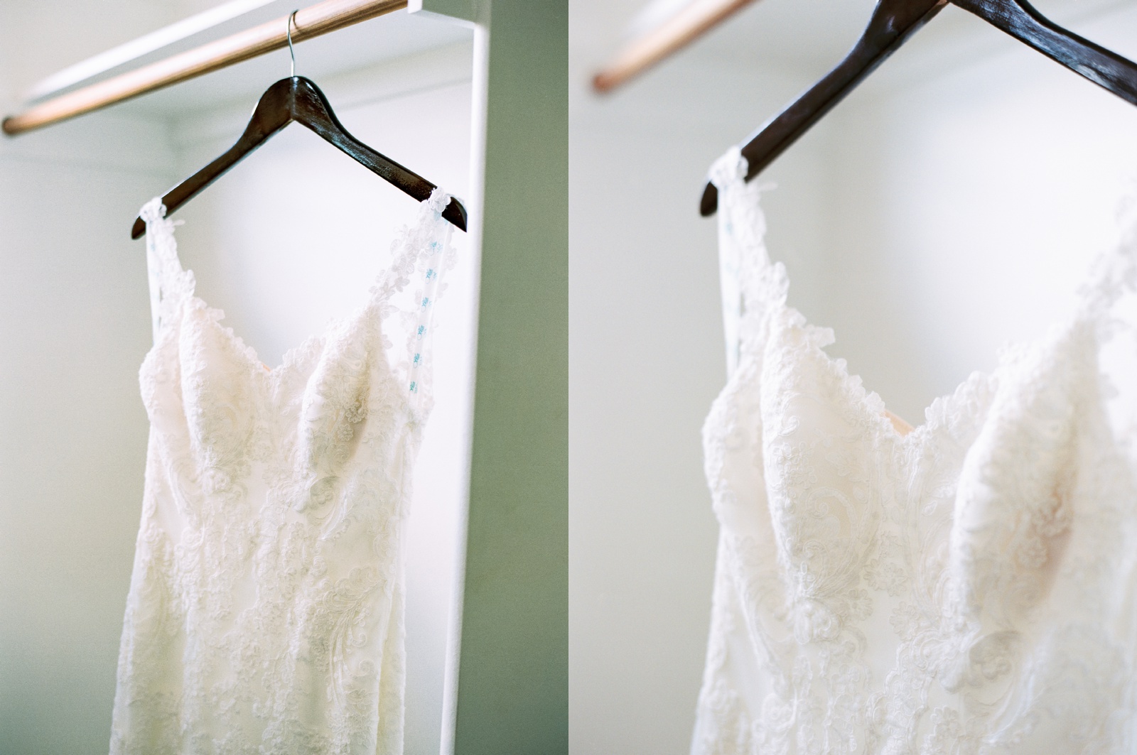 White lace wedding dress hanging